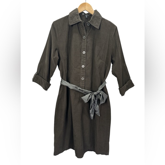 NWT Coupé Corduroy Shirt Dress Roll-tab Sleeves Satin Tie Sash Forest Army Green - Picture 1 of 8